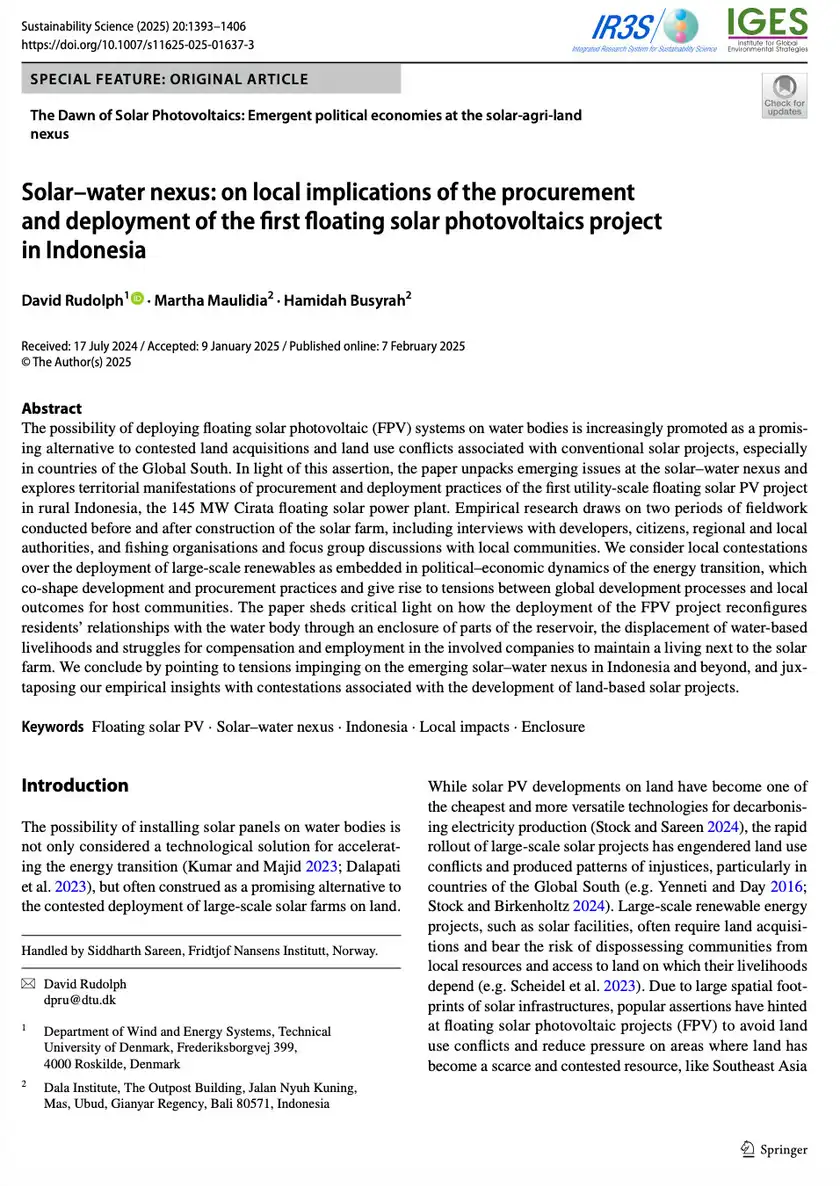 Solar–water nexus: on local implications of the procurement and deployment of the first floating solar photovoltaics project in Indonesia